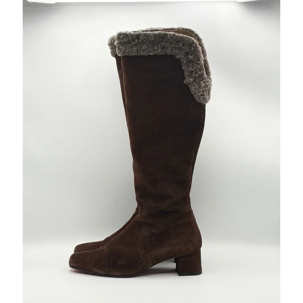 Christian Louboutin Brown Suede Knee High Boots Sheepskin Accent Size EU 36.5